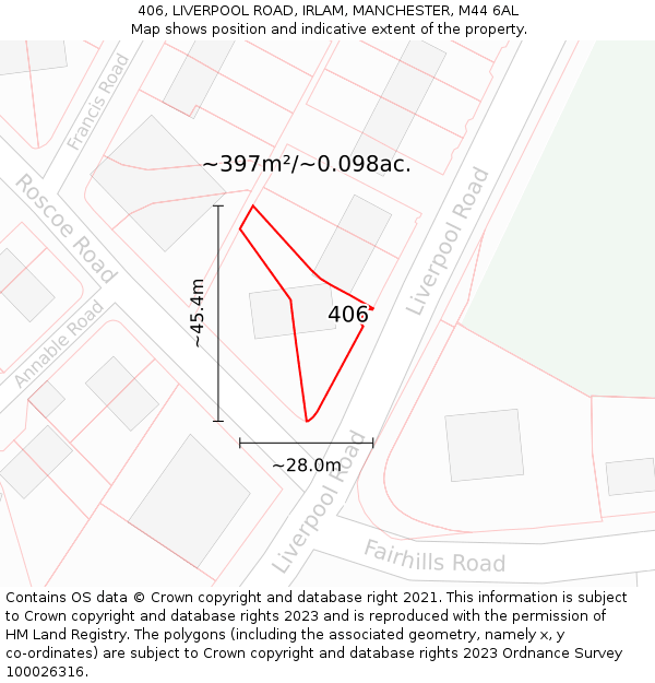 406, LIVERPOOL ROAD, IRLAM, MANCHESTER, M44 6AL: Plot and title map