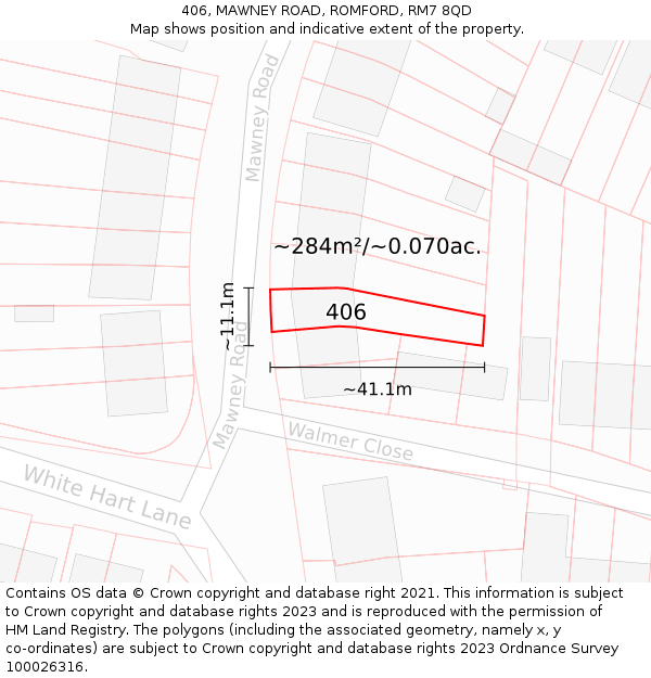 406, MAWNEY ROAD, ROMFORD, RM7 8QD: Plot and title map