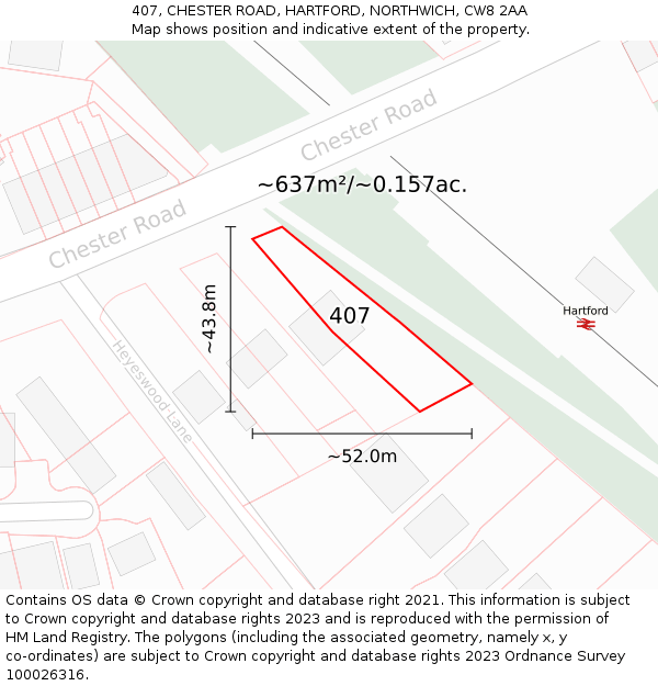 407, CHESTER ROAD, HARTFORD, NORTHWICH, CW8 2AA: Plot and title map