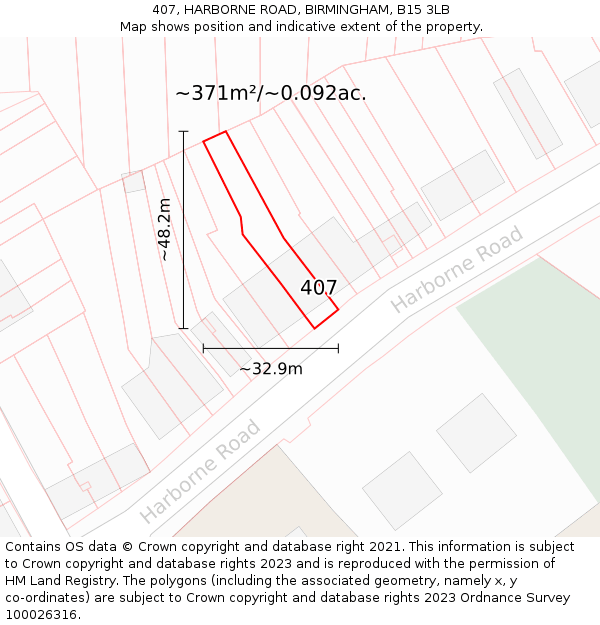 407, HARBORNE ROAD, BIRMINGHAM, B15 3LB: Plot and title map