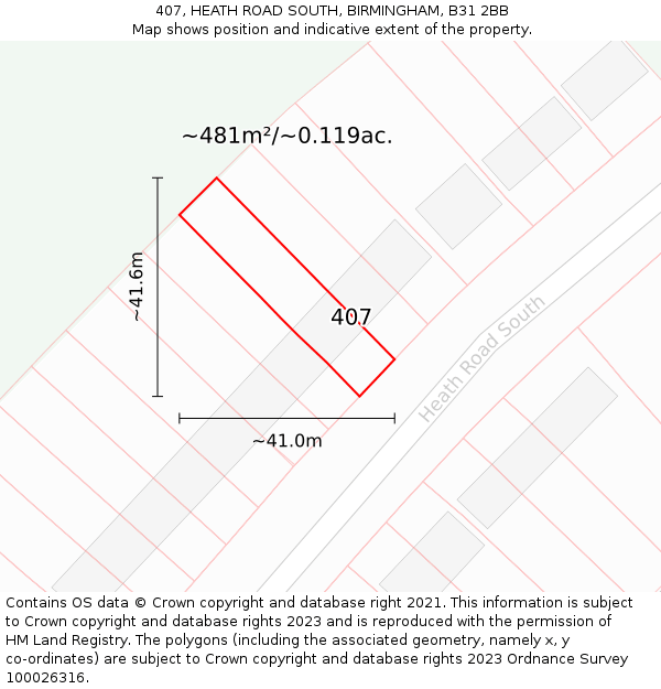 407, HEATH ROAD SOUTH, BIRMINGHAM, B31 2BB: Plot and title map