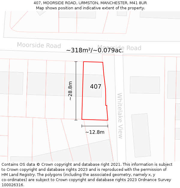 407, MOORSIDE ROAD, URMSTON, MANCHESTER, M41 8UR: Plot and title map