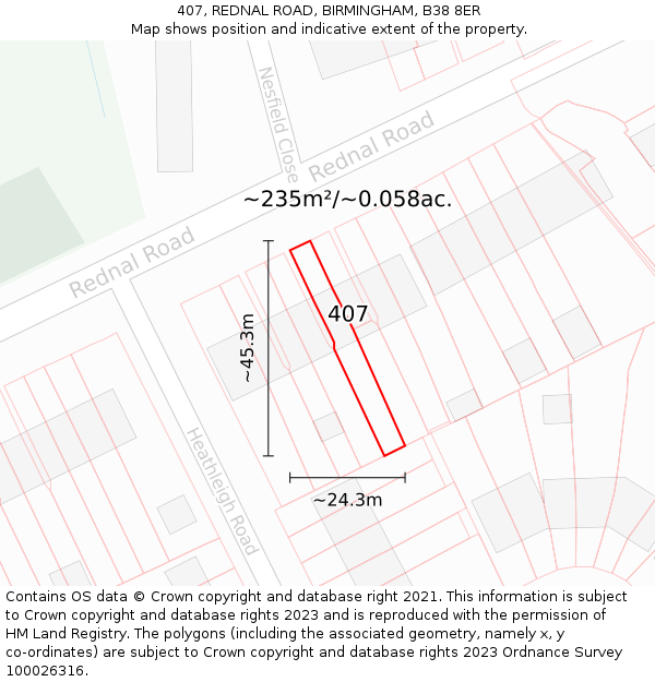 407, REDNAL ROAD, BIRMINGHAM, B38 8ER: Plot and title map