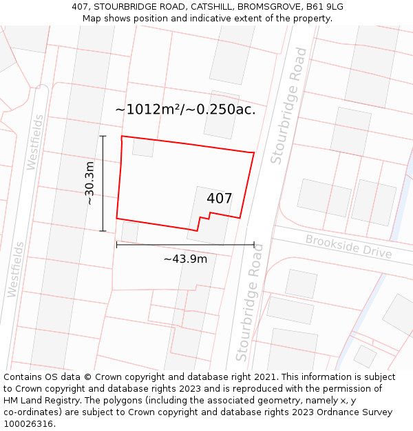 407, STOURBRIDGE ROAD, CATSHILL, BROMSGROVE, B61 9LG: Plot and title map