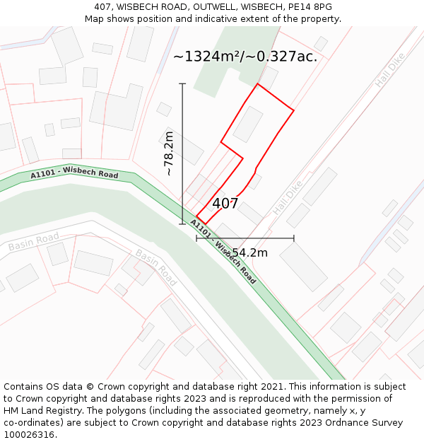 407, WISBECH ROAD, OUTWELL, WISBECH, PE14 8PG: Plot and title map