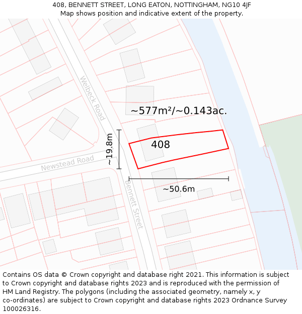 408, BENNETT STREET, LONG EATON, NOTTINGHAM, NG10 4JF: Plot and title map