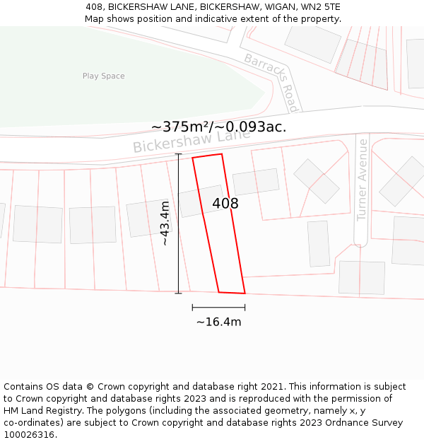 408, BICKERSHAW LANE, BICKERSHAW, WIGAN, WN2 5TE: Plot and title map