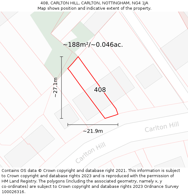 408, CARLTON HILL, CARLTON, NOTTINGHAM, NG4 1JA: Plot and title map