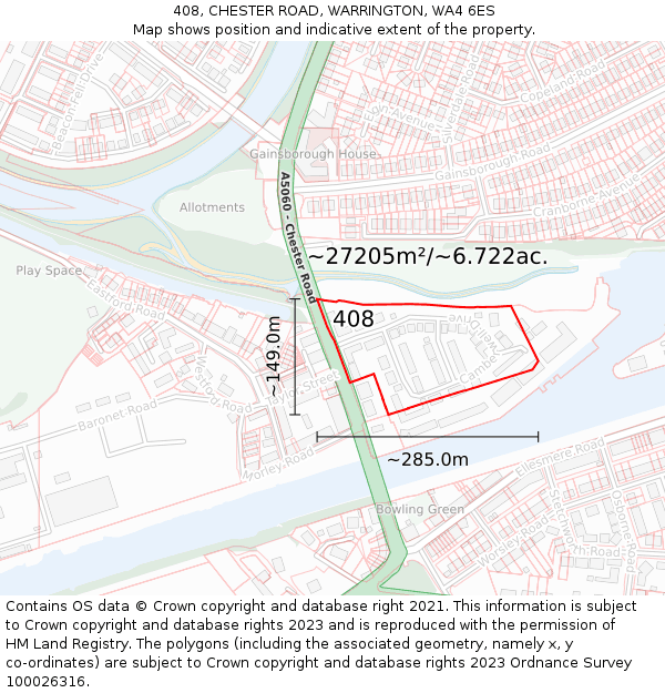 408, CHESTER ROAD, WARRINGTON, WA4 6ES: Plot and title map