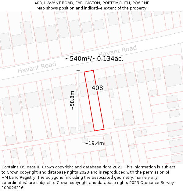 408, HAVANT ROAD, FARLINGTON, PORTSMOUTH, PO6 1NF: Plot and title map