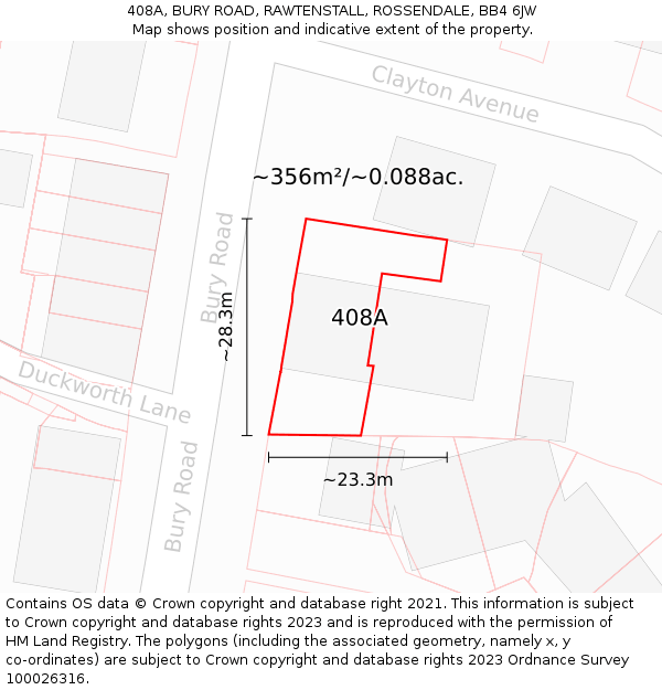 408A, BURY ROAD, RAWTENSTALL, ROSSENDALE, BB4 6JW: Plot and title map