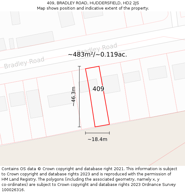 409, BRADLEY ROAD, HUDDERSFIELD, HD2 2JS: Plot and title map