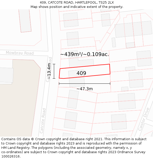 409, CATCOTE ROAD, HARTLEPOOL, TS25 2LX: Plot and title map