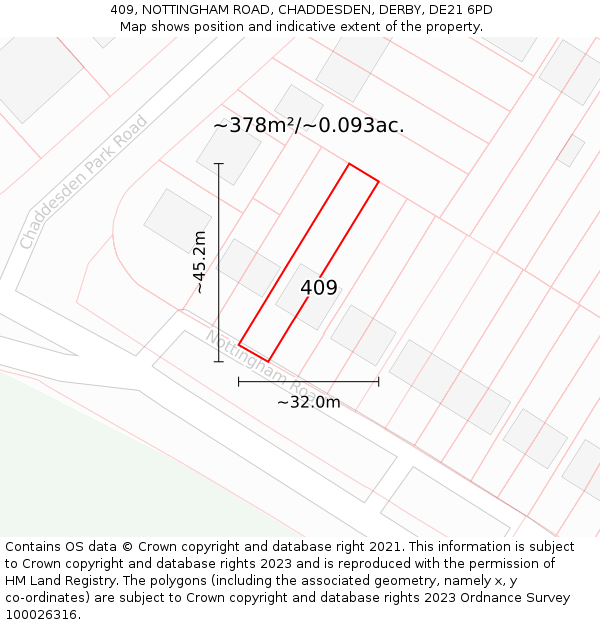 409, NOTTINGHAM ROAD, CHADDESDEN, DERBY, DE21 6PD: Plot and title map