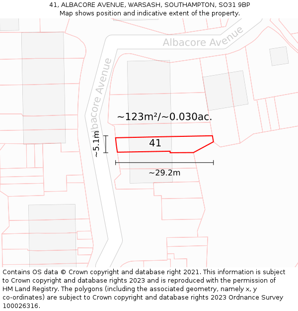 41, ALBACORE AVENUE, WARSASH, SOUTHAMPTON, SO31 9BP: Plot and title map