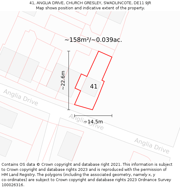 41, ANGLIA DRIVE, CHURCH GRESLEY, SWADLINCOTE, DE11 9JR: Plot and title map