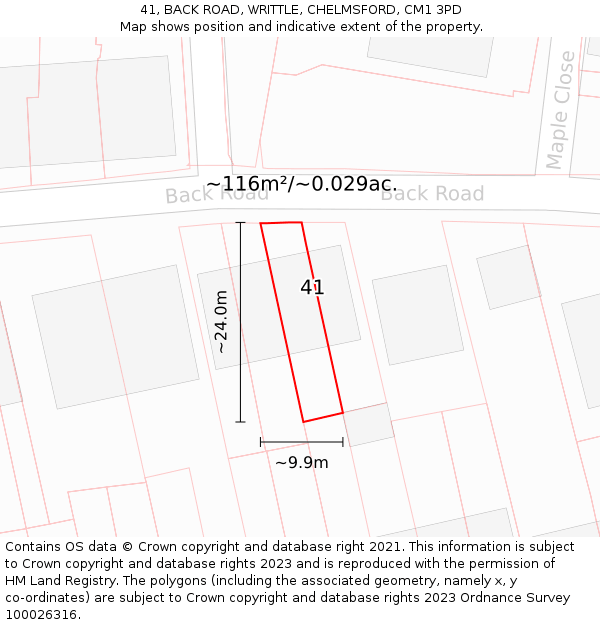 41, BACK ROAD, WRITTLE, CHELMSFORD, CM1 3PD: Plot and title map