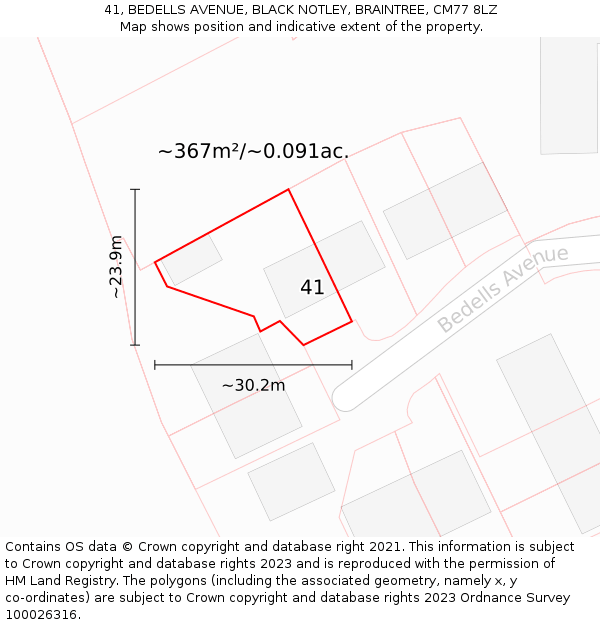 41, BEDELLS AVENUE, BLACK NOTLEY, BRAINTREE, CM77 8LZ: Plot and title map