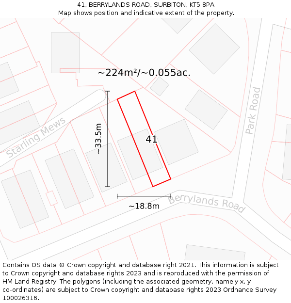 41, BERRYLANDS ROAD, SURBITON, KT5 8PA: Plot and title map