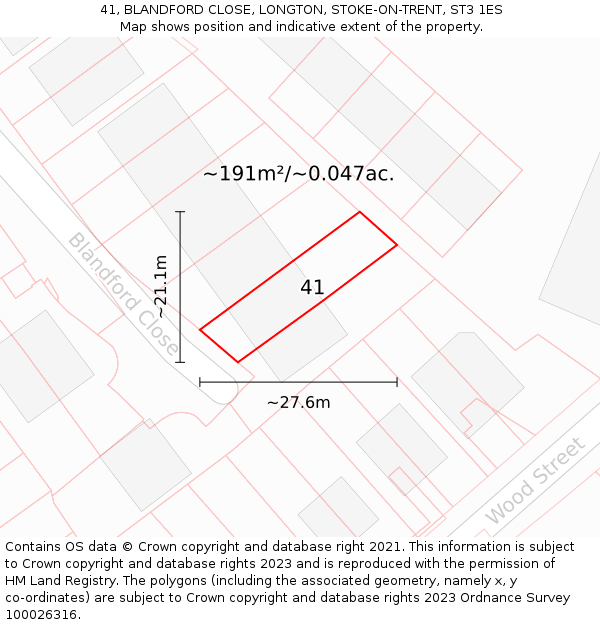 41, BLANDFORD CLOSE, LONGTON, STOKE-ON-TRENT, ST3 1ES: Plot and title map