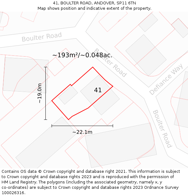 41, BOULTER ROAD, ANDOVER, SP11 6TN: Plot and title map