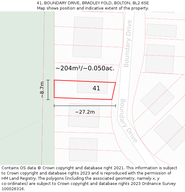 41, BOUNDARY DRIVE, BRADLEY FOLD, BOLTON, BL2 6SE: Plot and title map