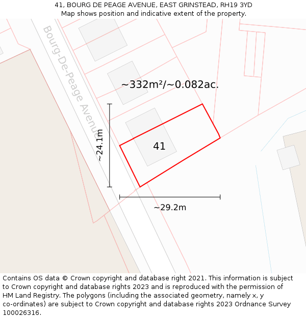 41, BOURG DE PEAGE AVENUE, EAST GRINSTEAD, RH19 3YD: Plot and title map