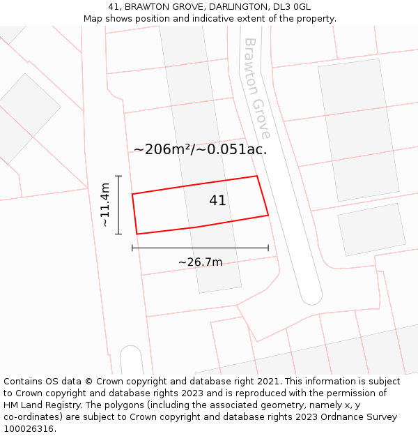 41, BRAWTON GROVE, DARLINGTON, DL3 0GL: Plot and title map