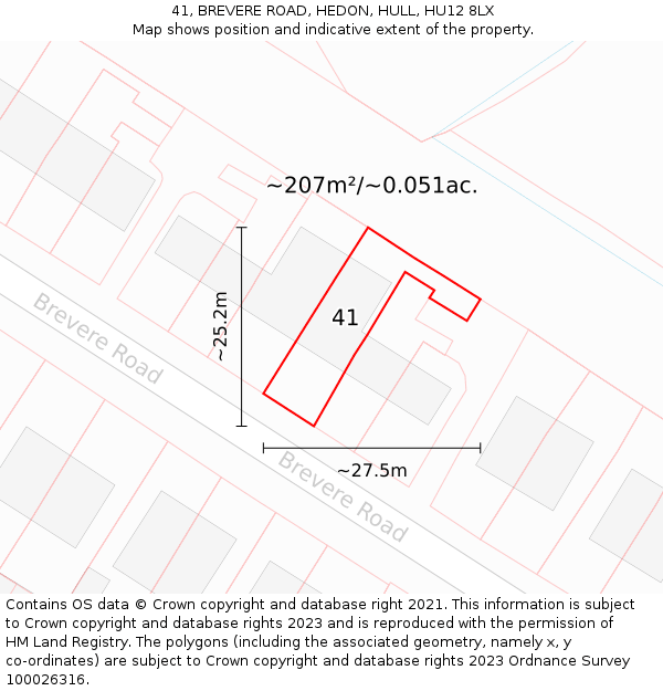 41, BREVERE ROAD, HEDON, HULL, HU12 8LX: Plot and title map