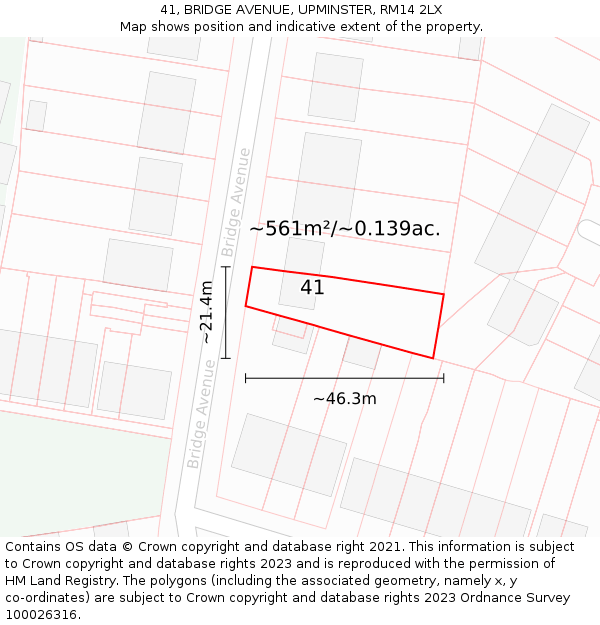 41, BRIDGE AVENUE, UPMINSTER, RM14 2LX: Plot and title map