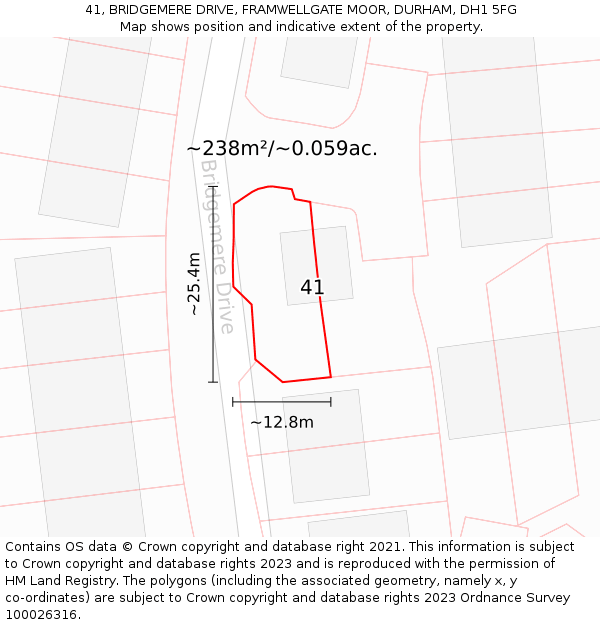 41, BRIDGEMERE DRIVE, FRAMWELLGATE MOOR, DURHAM, DH1 5FG: Plot and title map