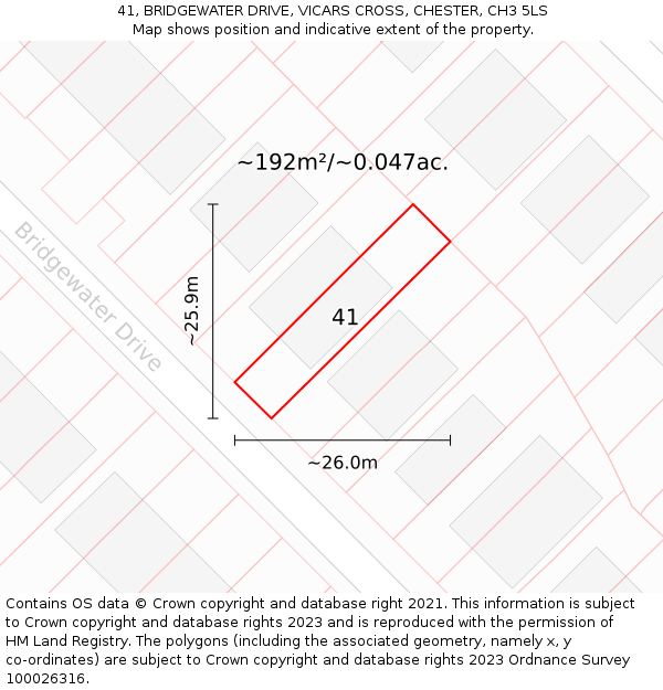 41, BRIDGEWATER DRIVE, VICARS CROSS, CHESTER, CH3 5LS: Plot and title map