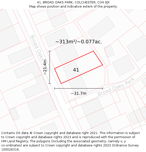 41, BROAD OAKS PARK, COLCHESTER, CO4 0JX: Plot and title map