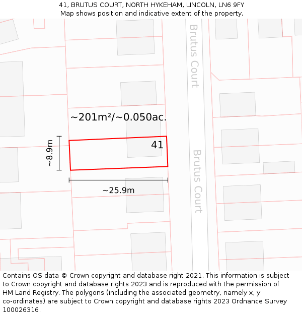 41, BRUTUS COURT, NORTH HYKEHAM, LINCOLN, LN6 9FY: Plot and title map