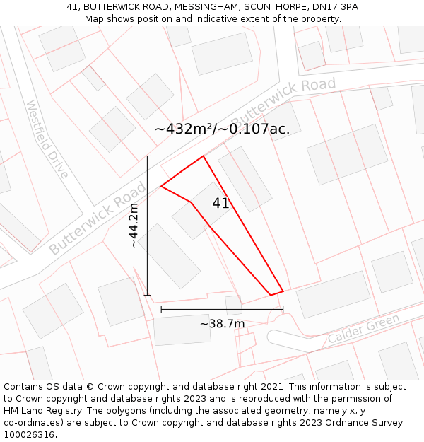 41, BUTTERWICK ROAD, MESSINGHAM, SCUNTHORPE, DN17 3PA: Plot and title map