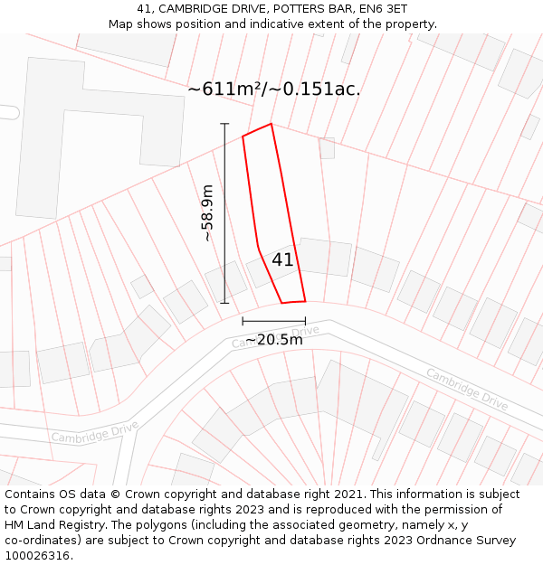 41, CAMBRIDGE DRIVE, POTTERS BAR, EN6 3ET: Plot and title map