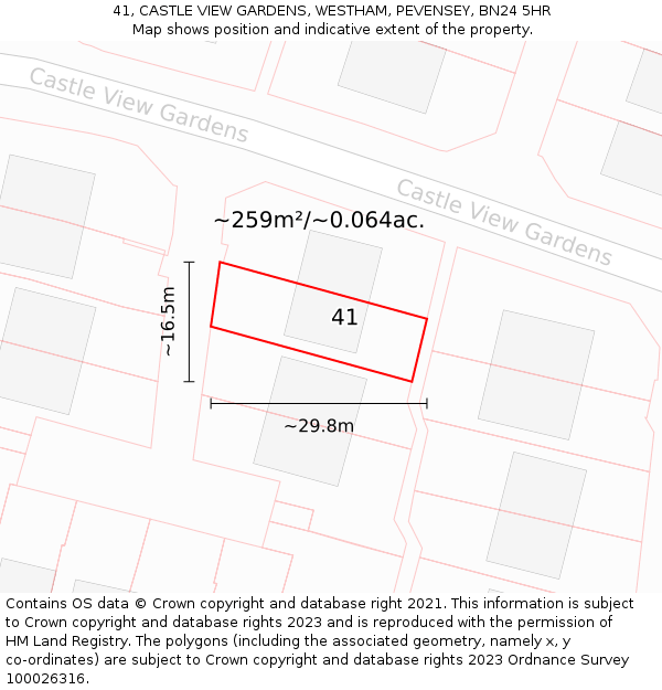 41, CASTLE VIEW GARDENS, WESTHAM, PEVENSEY, BN24 5HR: Plot and title map