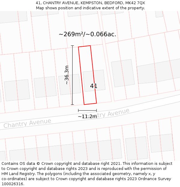 41, CHANTRY AVENUE, KEMPSTON, BEDFORD, MK42 7QX: Plot and title map