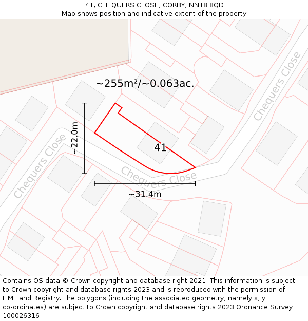 41, CHEQUERS CLOSE, CORBY, NN18 8QD: Plot and title map