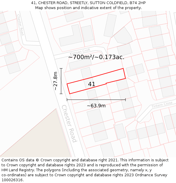 41, CHESTER ROAD, STREETLY, SUTTON COLDFIELD, B74 2HP: Plot and title map