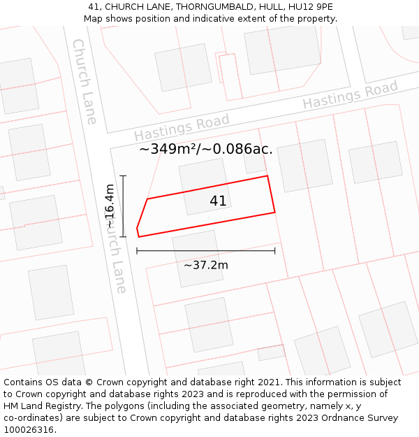 41, CHURCH LANE, THORNGUMBALD, HULL, HU12 9PE: Plot and title map