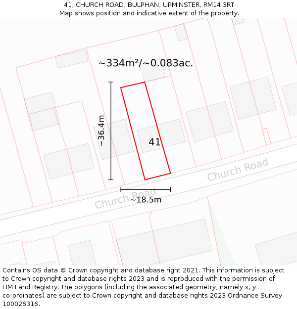 41, CHURCH ROAD, BULPHAN, UPMINSTER, RM14 3RT: Plot and title map