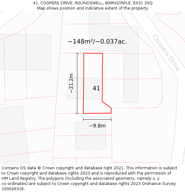 41, COOPERS DRIVE, ROUNDSWELL, BARNSTAPLE, EX31 3SQ: Plot and title map