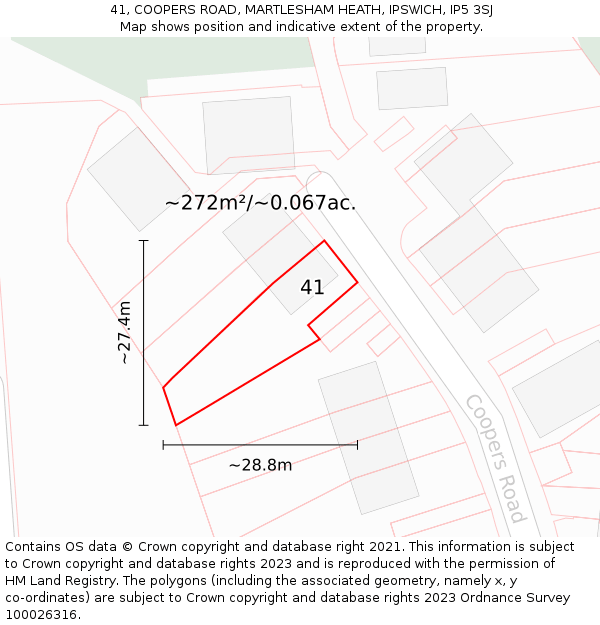 41, COOPERS ROAD, MARTLESHAM HEATH, IPSWICH, IP5 3SJ: Plot and title map