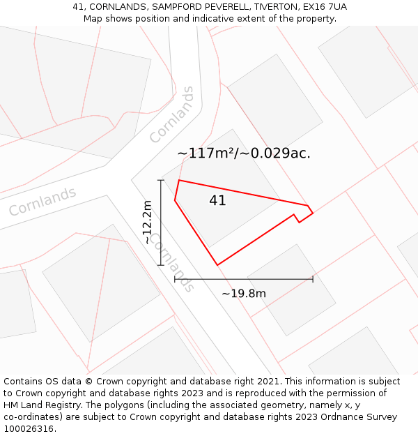 41, CORNLANDS, SAMPFORD PEVERELL, TIVERTON, EX16 7UA: Plot and title map