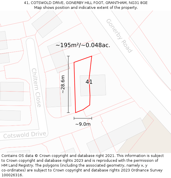 41, COTSWOLD DRIVE, GONERBY HILL FOOT, GRANTHAM, NG31 8GE: Plot and title map