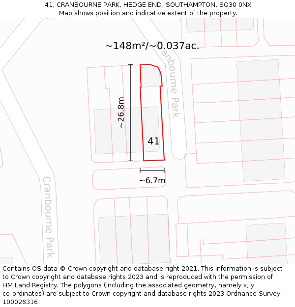 41, CRANBOURNE PARK, HEDGE END, SOUTHAMPTON, SO30 0NX: Plot and title map