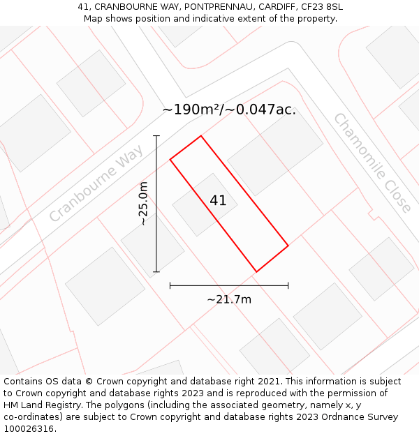 41, CRANBOURNE WAY, PONTPRENNAU, CARDIFF, CF23 8SL: Plot and title map