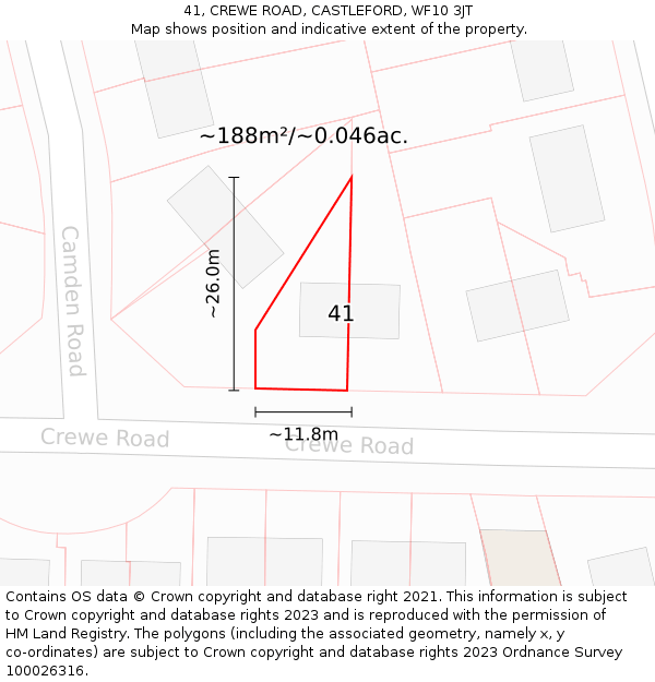 41, CREWE ROAD, CASTLEFORD, WF10 3JT: Plot and title map