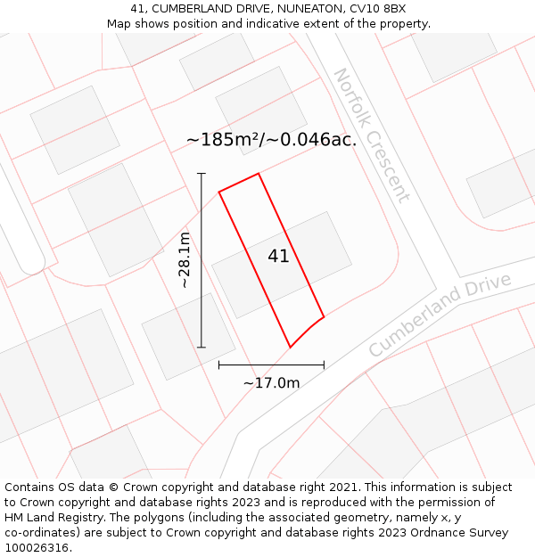 41, CUMBERLAND DRIVE, NUNEATON, CV10 8BX: Plot and title map